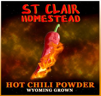 St Clair Homestead Hot Chili Powder label — a flaming red pepper, Wyoming Grown